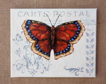 Hand Painted Nostalgic Rust and Blue Butterfly
