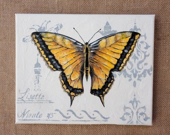 Hand Painted Nostalgic Yellow and Black Butterfly