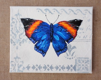 Hand Painted Nostalgic Cobalt Blue and Orange Butterfly