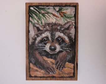 Hand Painted Raccoon on Wood