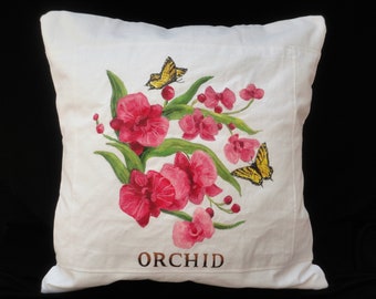Hand Painted 100% Cotton Pink Orchid Pillow Cover