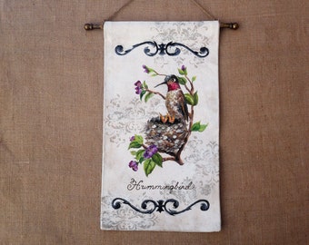 Hand Painted Hummingbird and Nest Wall Hanging