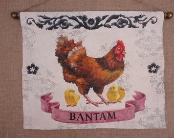 Hand Painted Vintage Bantam Hen and Chicks on Canvas