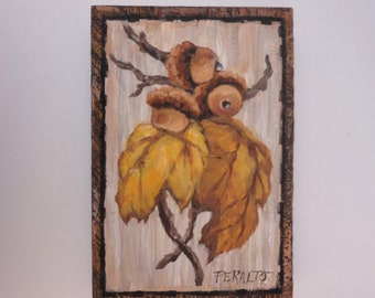 Hand Painted Oak Leaves and Acorns on Wood