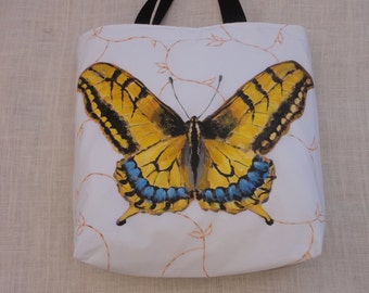 Yellow Butterfly Hand Painted Tote Bag 18 in. High x 18 in. Wide x 3 in Wide Bottom Versatile Use, Stenciled Lettering