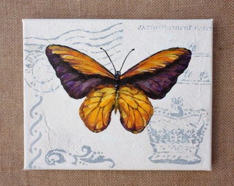 Hand Painted Nostalgic Purple and Yellow Butterfly