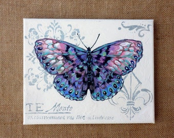 Hand Painted Pink Lavender and Aqua Nostalgic Butterfly