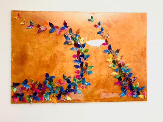 Butterfly Resin Painting: Abstract Copper Wall Art (36x24 inches)