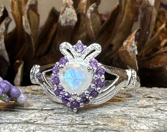 Claddagh Ring, Moonstone Ring, Irish Promise Ring, Celtic Knot Jewelry, Ireland Ring, Irish Dance Gift, Anniversary Gift, Engagement Ring