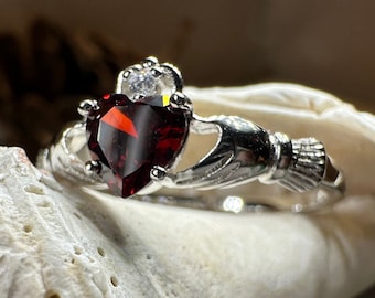 Claddagh Ring, Celtic Jewelry, Ireland Jewelry, Garnet Bridal Ring, Ireland Ring, Heart Ring, Anniversary Gift, Girlfriend Gift, Wife Gift