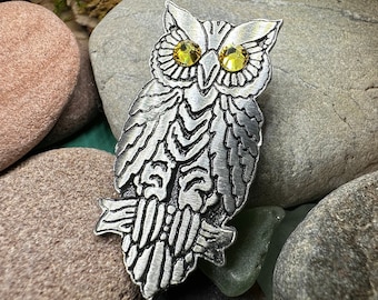 Owl Brooch, Nature Pin, Bird Jewelry, Bird Lover Gift, Wiccan Jewelry, Pagan Jewelry, Enamel Pin, Halloween Jewelry, Teacher Gift