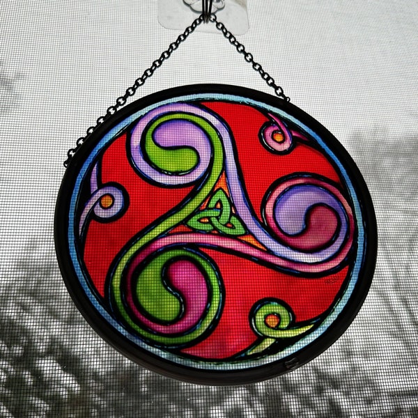 Celtic Spiral Wall Decor, Ireland Gift, Stained Glass Celtic Knot, New Home Gift, Irish Wedding Gift, Scottish Gift, Red Durrow Triskele