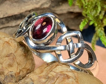 Celtic Knot Ring, Celtic Ring, Garnet Promise Ring, Scotland Ring, Irish Jewelry, Boho Ring, Anniversary Gift, Wiccan Jewelry, Wife Gift