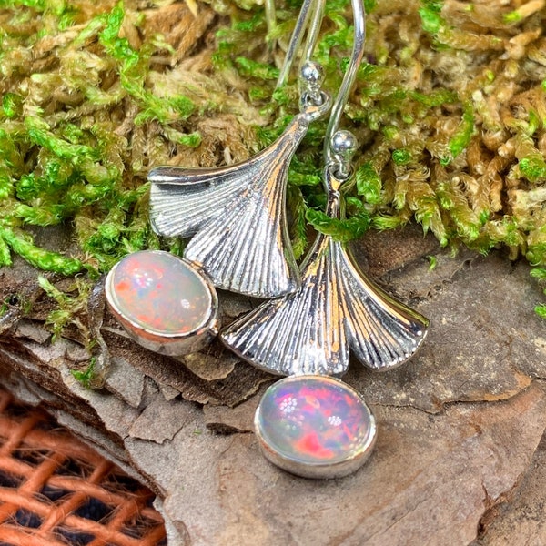 Gingko Earrings, Opal Jewelry, Tree Jewelry, Gemstone Jewelry, Leaf Jewelry, Anniversary Gift, Nature Jewelry, October Birthstone, Mom Gift