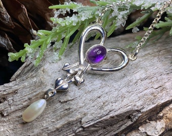 Celtic Heart Necklace, Scotland Jewelry, Love Knot Jewelry, Mackintosh Jewelry, Anniversary Gift, Amethyst Necklace, Silver Art Deco Jewelry