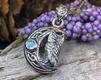 Owl Necklace, Moonstone Jewelry, Crescent Moon Pendant, Bird Necklace, Celestial Jewelry, Nature Jewelry, Irish Jewelry, Graduation Gift