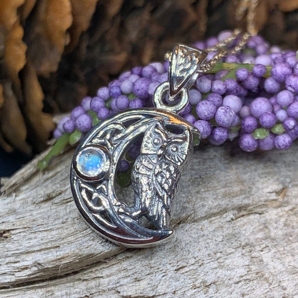 Owl Necklace, Moonstone Jewelry, Crescent Moon Pendant, Bird Necklace, Celestial Jewelry, Nature Jewelry, Irish Jewelry, Graduation Gift