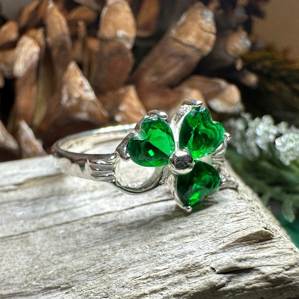 Shamrock Ring, Celtic Jewelry, Emerald Irish Jewelry, Clover Ring, Silver Ireland Gift, Irish Dance Gift, Anniversary Gift, Good Luck Gift