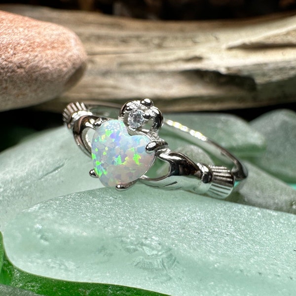 Claddagh Ring, Celtic Jewelry, Irish Jewelry, White Opal Jewelry, Irish Ring, Heart Jewelry, Anniversary Gift, Bridal Jewelry, Promise Ring