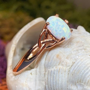 Scottish Mist Celtic Ring, Celtic Ring, Scotland Ring, Opal Jewelry, Trinity Knot Jewelry, Anniversary Gift, Cocktail Ring, Rose Gold Ring Rose gold