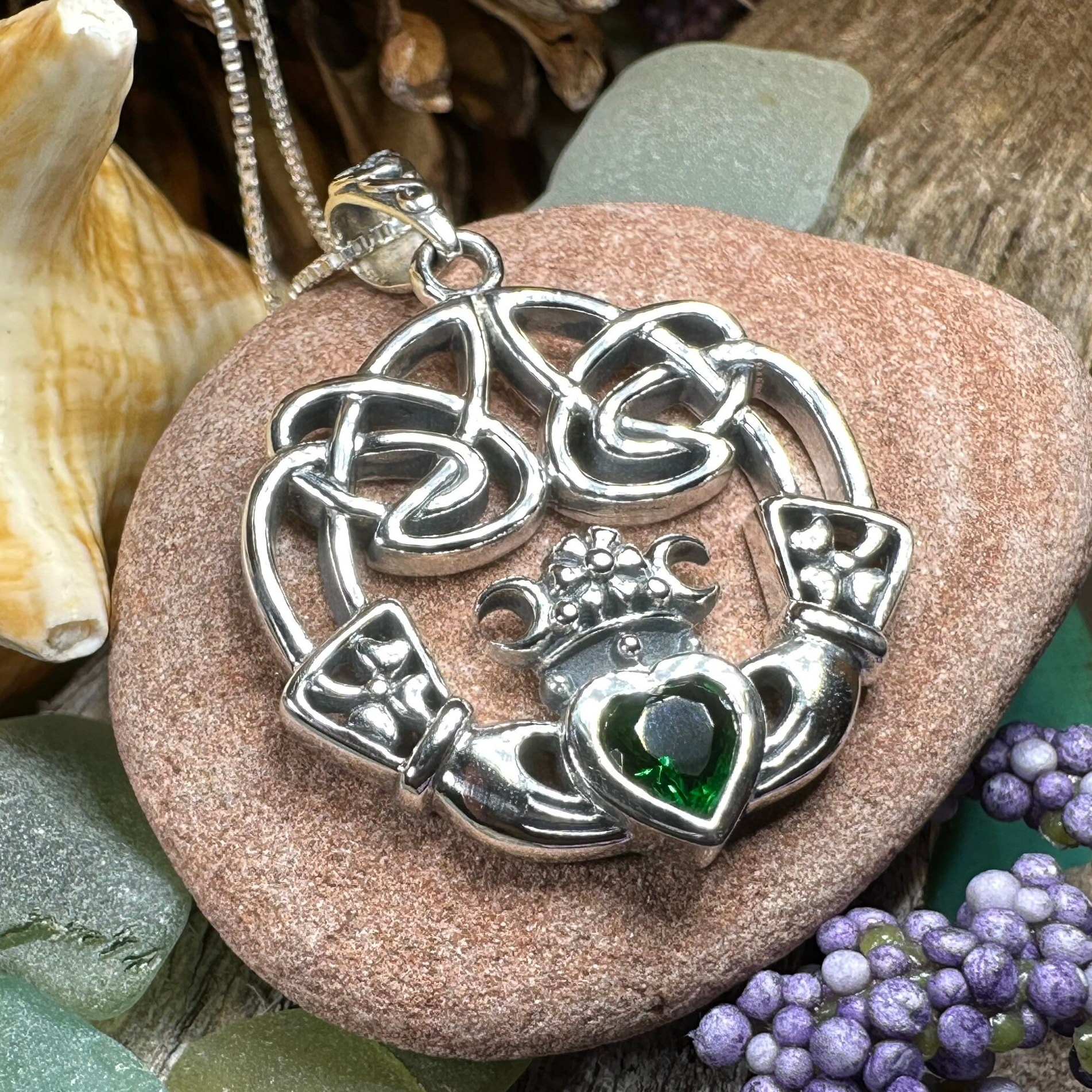 Claddagh Necklace Irish Jewelry Emerald Heart Pendant