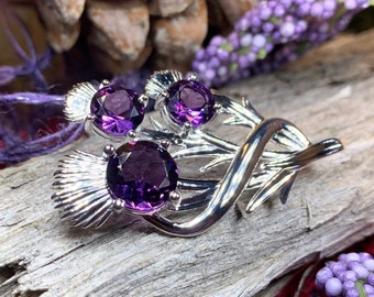 Thistle Brooch, Scotland Jewelry, Outlander Jewelry, Bridal Brooch, Thistle Jewelry, Scottish Jewelry, Celtic Brooch, Amethyst Silver Pin