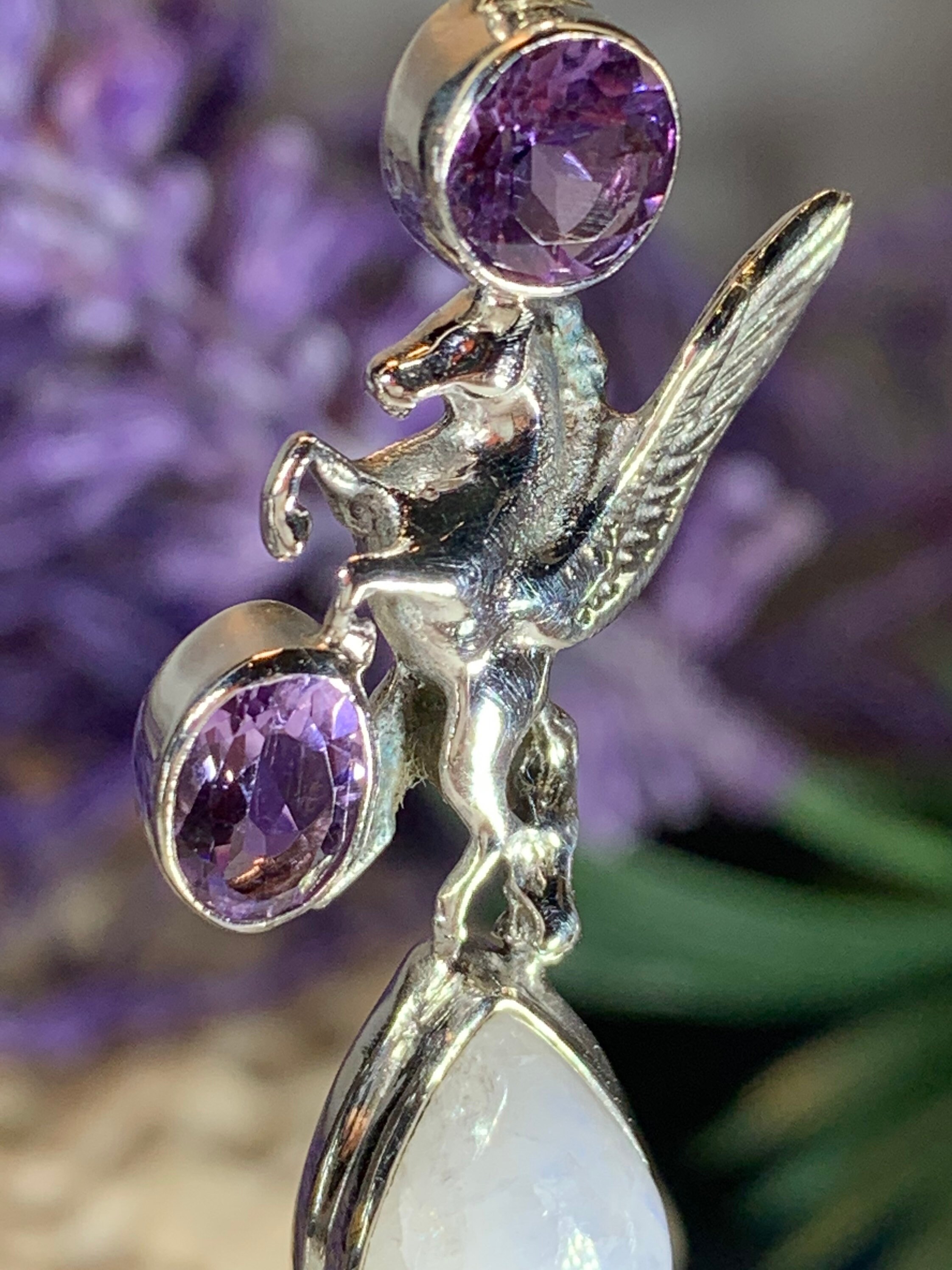 Pegasus Necklace, Celtic Necklace, Amethyst Jewelry, Moonstone Necklace