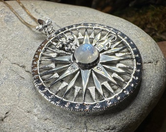 Compass Necklace, Celtic Pendant, Elven Star Jewelry, Moonstone, Anniversary Gift, Outlander Jewelry, Fluer De Lis Jewelry, True North