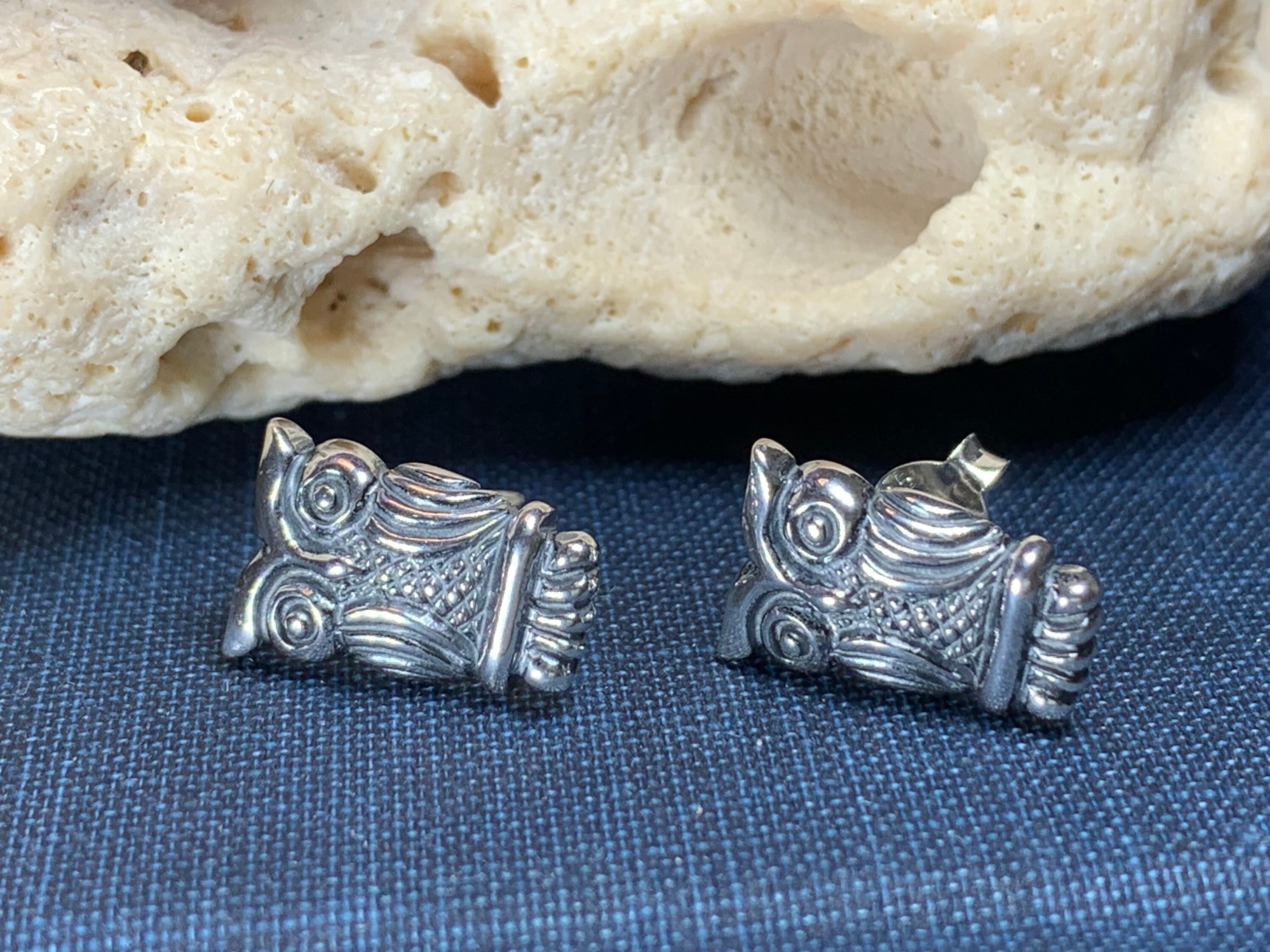 Pair Of Lovely Tibetan Silver Owl Stud Earrings - Modern Sterling-Silver Style Jewelry