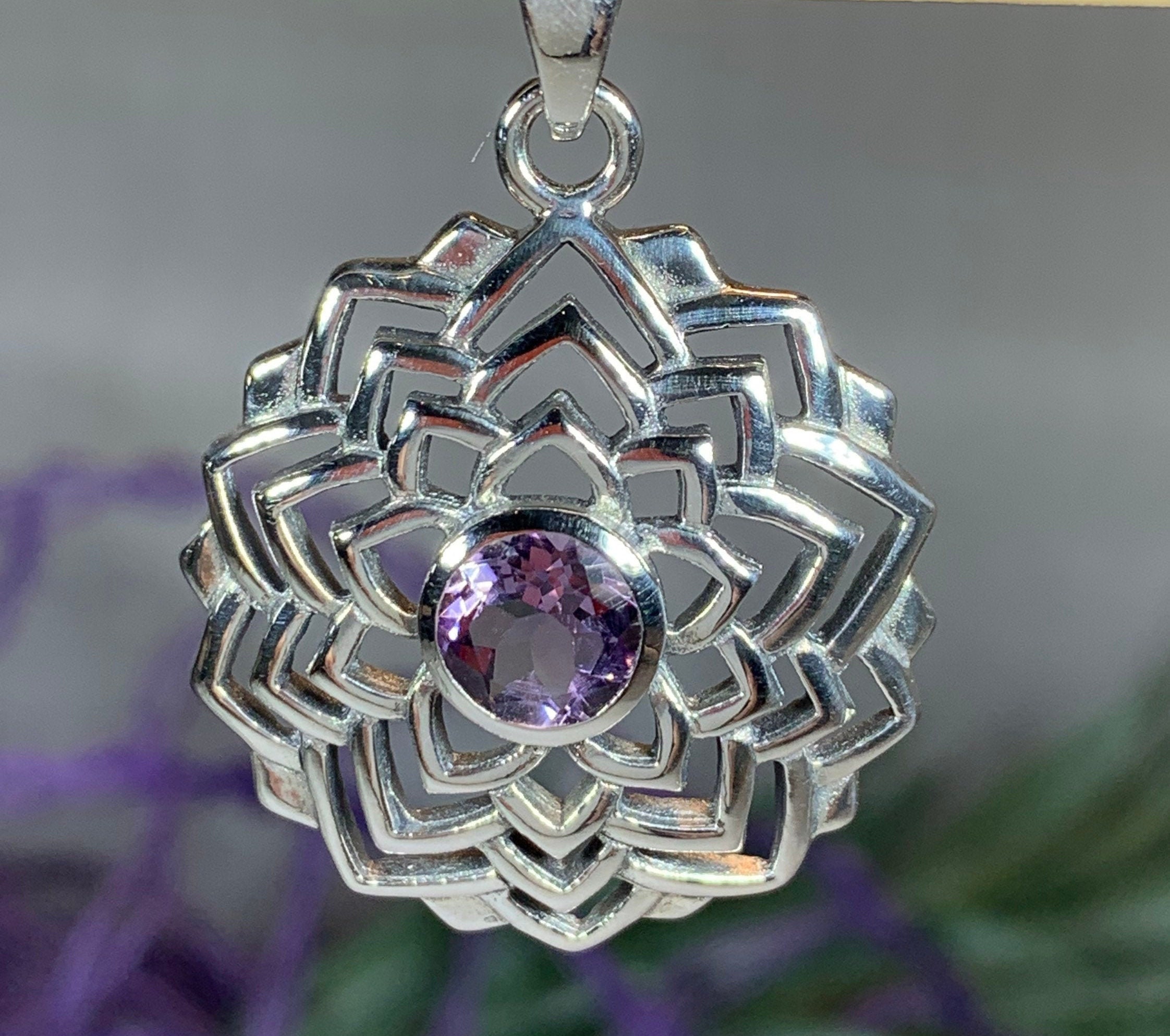 Lotus Necklace, Crown Chakra Jewelry, Amethyst Necklace, Nature Jewelry