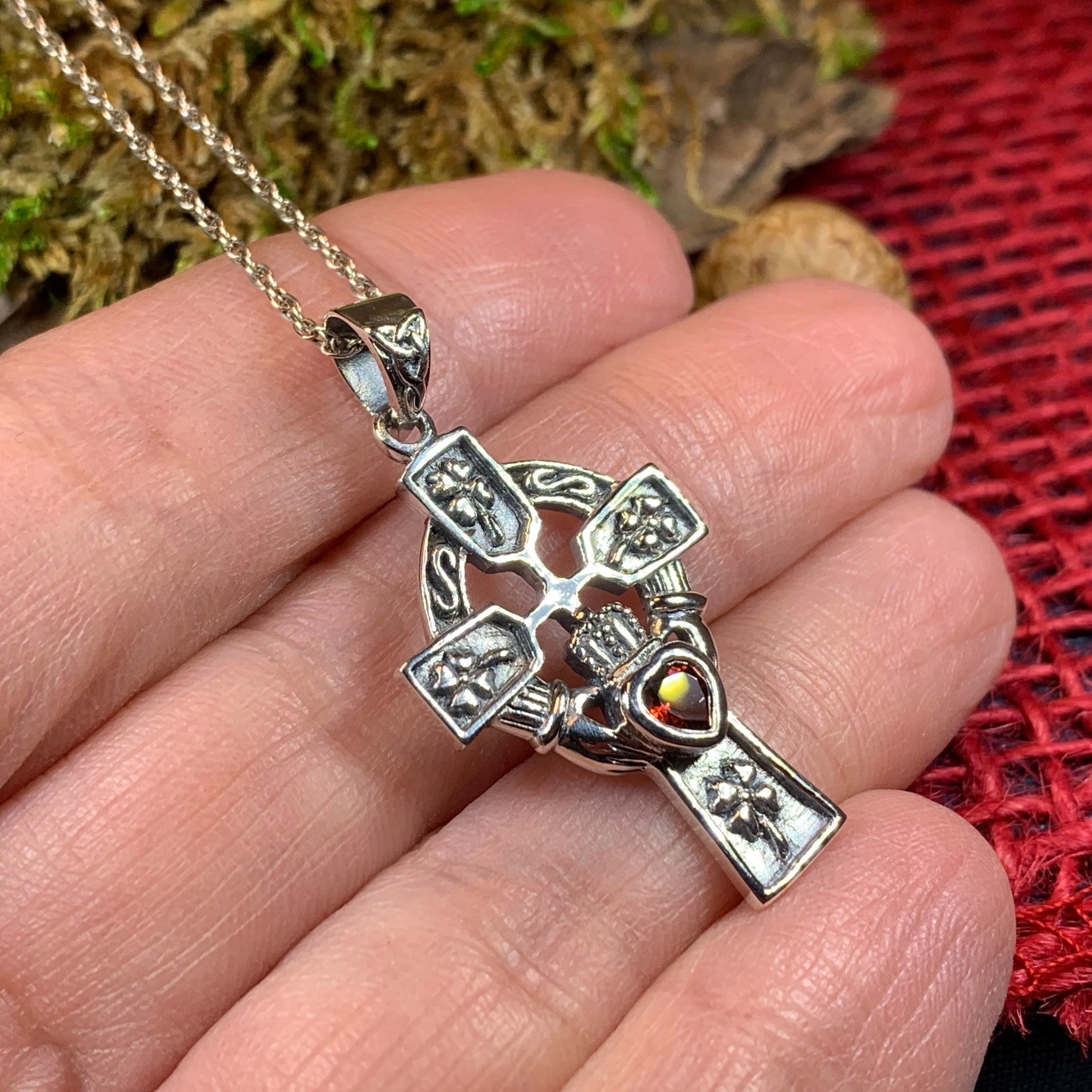 Sterling Silver Celtic Claddagh CZ Cross Pendant Necklace, 18