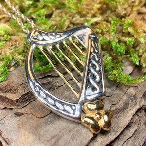 Harp Necklace, Irish Jewelry, Celtic Jewelry, Ireland Jewelry Gift, Silver Mom Gift, Girlfriend Gift, Music Jewelry, Shamrock Jewelry