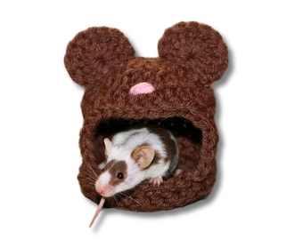 May include: A small white and brown mouse wearing a brown crocheted hat with bear ears. The hat has a pink nose.