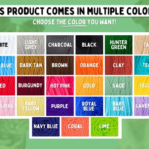May include: A color chart showing 20 different yarn colors. The colors include white, light grey, charcoal, black, hunter green, tan, sky blue, dark tan, brown, orange, clay, teal, red, burgundy, hot pink, gold, sage, yellow, blush pink, baby yellow, purple, royal blue, baby blue, lavender, navy blue, coral, and lime.