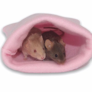 May include: Two small mice, one brown and one cream colored, are nestled inside a pink fleece sleeping bag.