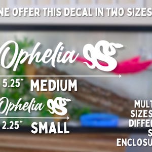 May include: White vinyl decal of a snake with the name "Ophelia" written in cursive. The decal is available in two sizes: 5.25 inches (medium) and 2.25 inches (small).