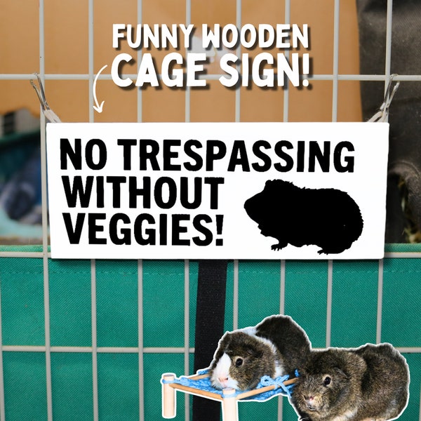 Wooden Guinea Pig Cage Sign, No Trespassing Without Veggies! Cute and Funny Pet Cage Decorations, Gift for Guinea Pig Owner Cage Accessories
