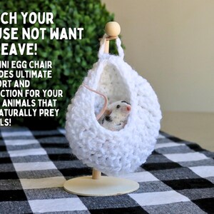 May include: A white crocheted egg-shaped chair with a small white mouse inside. The chair is hanging from a wooden stand. The text "WATCH YOUR MOUSE NOT WANT TO LEAVE! OUR MINI EGG CHAIR PROVIDES ULTIMATE COMFORT AND PROTECTION FOR YOUR SMALL ANIMALS THAT ARE NATURALLY PREY ANIMALS!" is written above the chair.