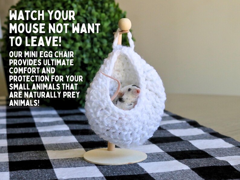 May include: A white crocheted egg-shaped chair with a small white mouse inside. The chair is hanging from a wooden stand. The text "WATCH YOUR MOUSE NOT WANT TO LEAVE! OUR MINI EGG CHAIR PROVIDES ULTIMATE COMFORT AND PROTECTION FOR YOUR SMALL ANIMALS THAT ARE NATURALLY PREY ANIMALS!" is written above the chair.