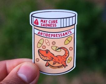 Puede incluir: Una pegatina de una botella de píldoras de dibujos animados con un dragón barbudo dentro. La botella está etiquetada como "Antidepresivos" y tiene una etiqueta de advertencia que dice "Puede curar la tristeza".