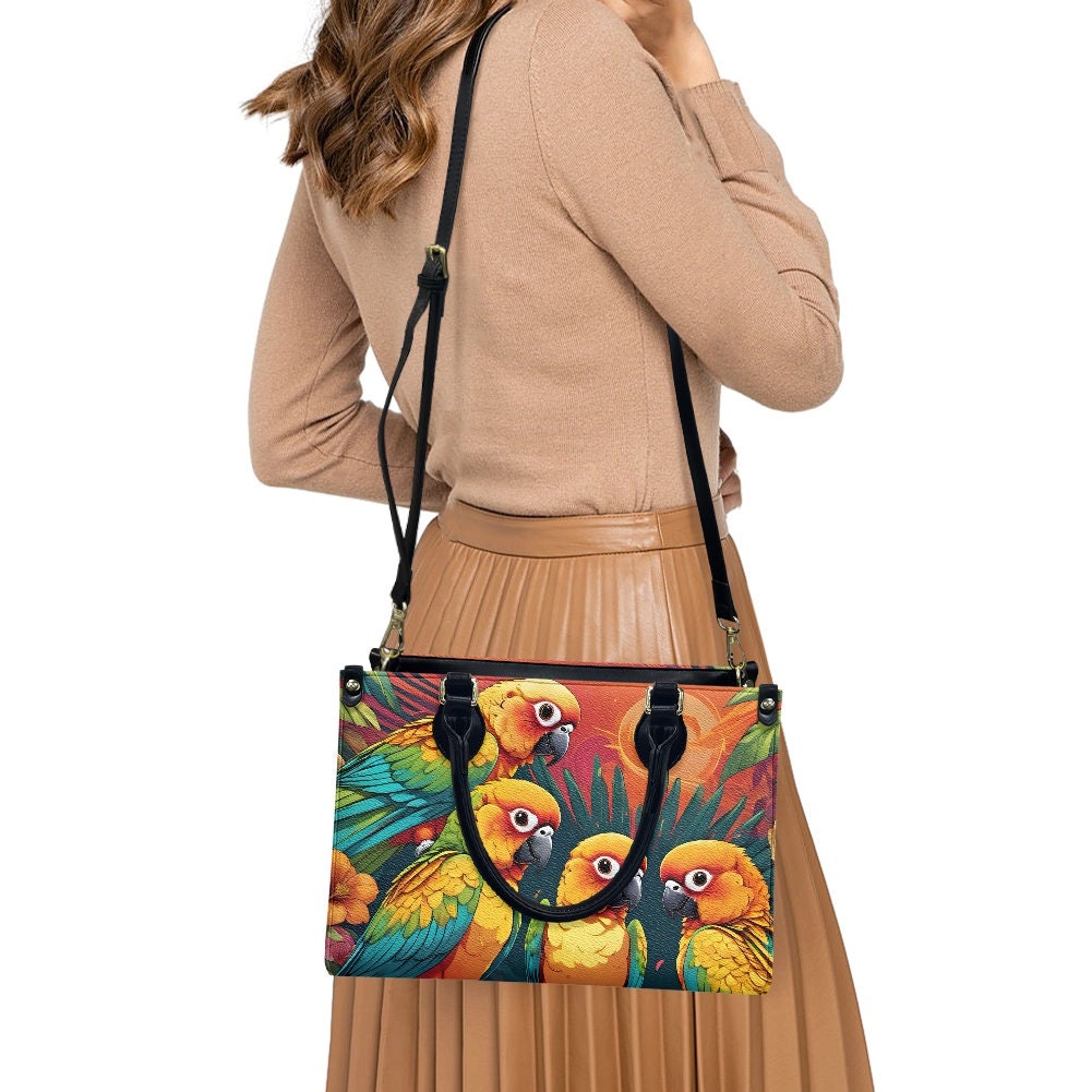 Sun Conure Parrot - Leather bag with cute animal print, Mother's day Gift