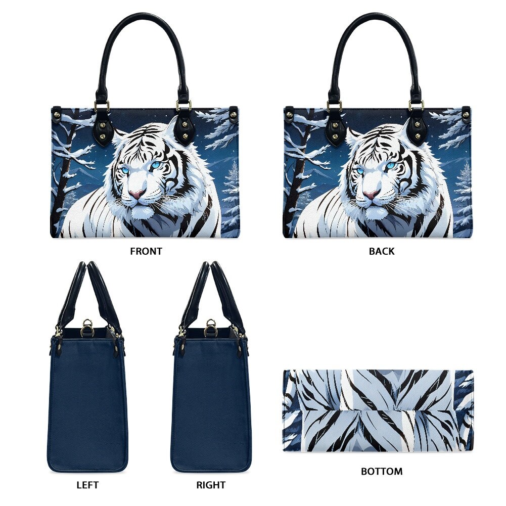 Siberian White Tiger Pattern Leather Handbag, Gift for Women