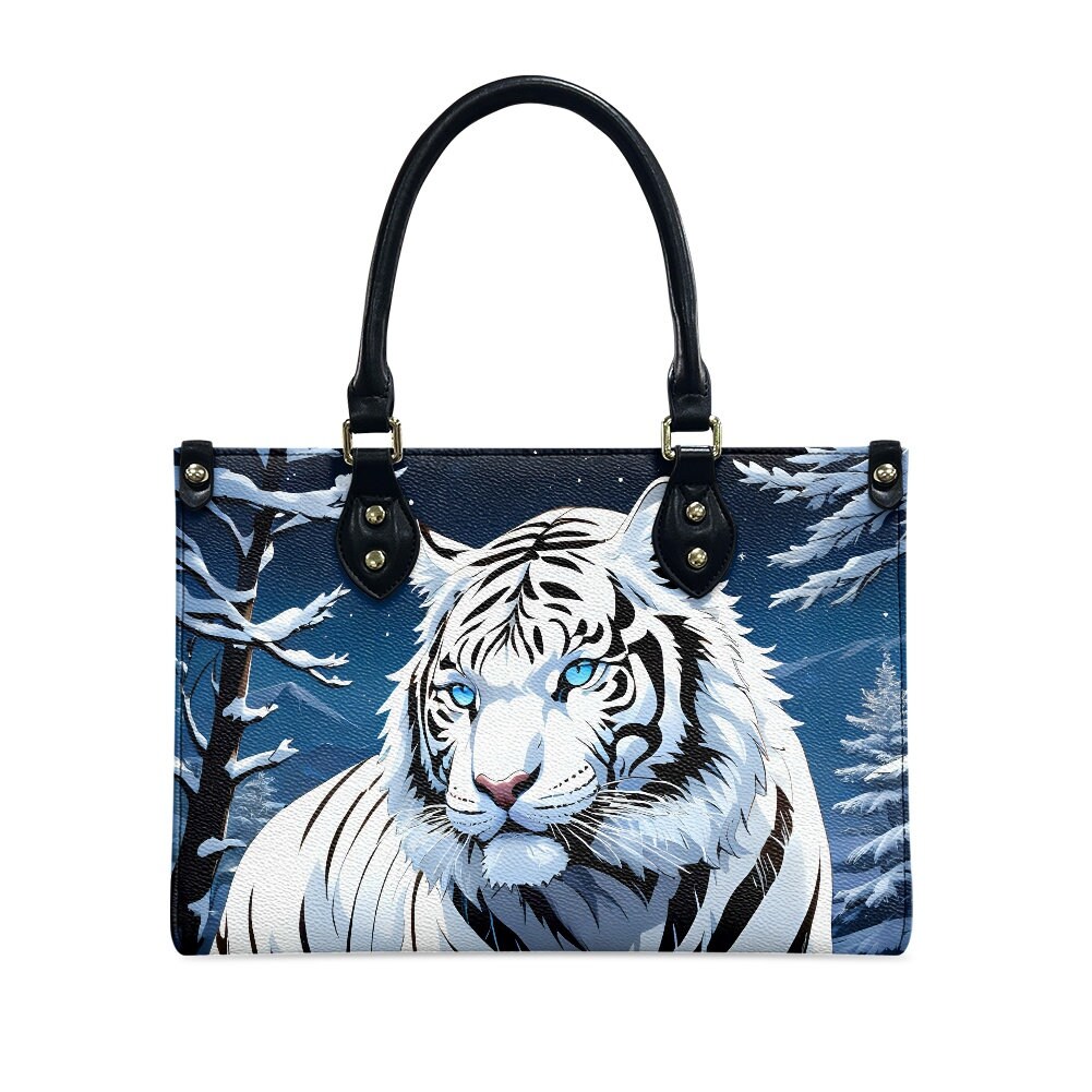 Siberian White Tiger Pattern Leather Handbag, Gift for Women