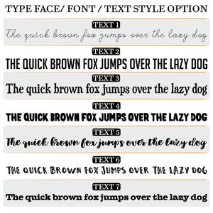 Puede incluir: Un gr&aacute;fico titulado TYPE FACE/ FONT / TEXT STYLE OPTION que muestra siete estilos de fuente negros distintos sobre barras horizontales de color gris claro. Cada barra est&aacute; etiquetada de TEXT 1 a TEXT 7 y contiene la frase The quick brown fox jumps over the lazy dog.