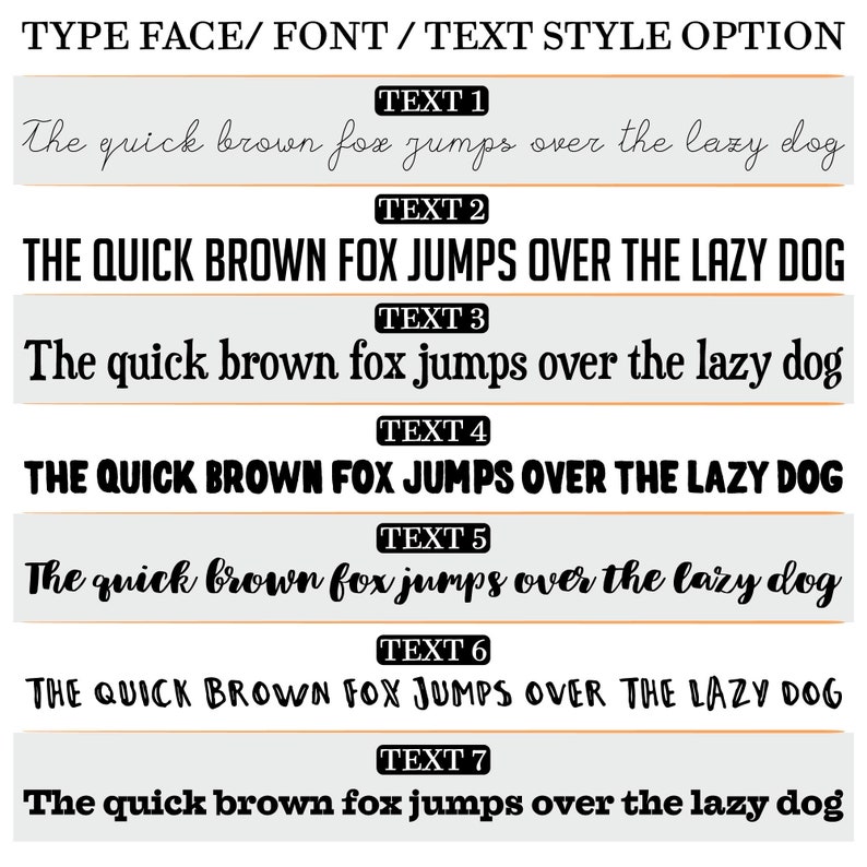 Puede incluir: Un gr&aacute;fico titulado TYPE FACE/ FONT / TEXT STYLE OPTION que muestra siete estilos de fuente negros distintos sobre barras horizontales de color gris claro. Cada barra est&aacute; etiquetada de TEXT 1 a TEXT 7 y contiene la frase The quick brown fox jumps over the lazy dog.