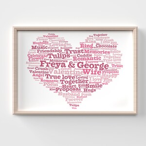 Puede incluir: Una l&aacute;mina de arte enmarcada con una nube de palabras en forma de coraz&oacute;n en tonos rosa y rojo. El texto incluye varios t&eacute;rminos rom&aacute;nticos y los nombres Freya & George destacados en el centro del coraz&oacute;n sobre un fondo blanco.