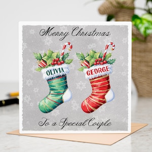 Gepersonaliseerde kerstsokkaart voor stellen met twee namen, aangepaste kerstwenskaart, vrolijk kerstfeest voor een speciaal stel