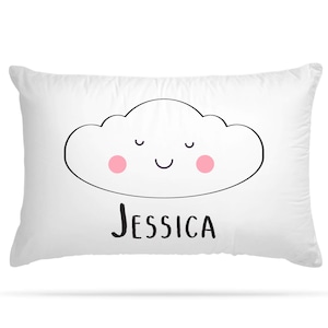 May include: White pillow with a black and pink cartoon cloud with a smiling face and the name "Jessica" printed below.