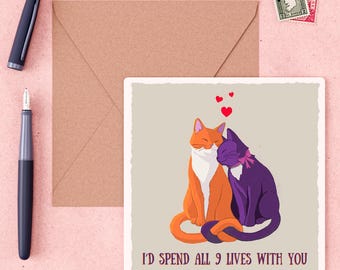 Cat Anniversary Card - Nine Lives Love, Valentines Day Card