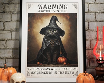 Black Cat Halloween Party Decoration Wall Art Poster - Trick or Treat Scary Print – Spooky with add any Name - Halloween Art Decor